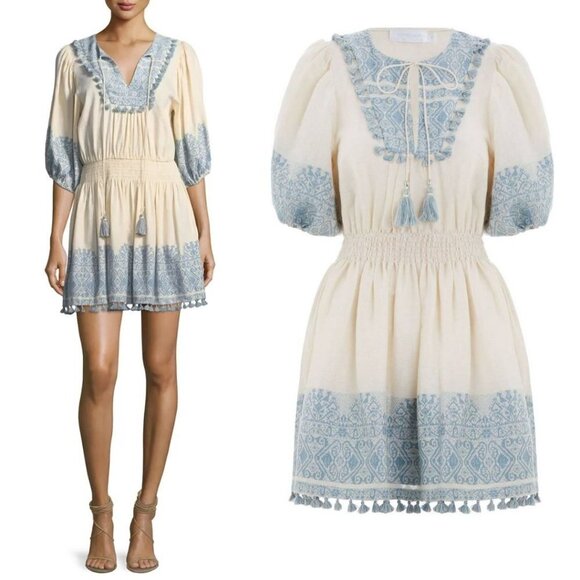Zimmermann Helm Split Neck Jacquard Fringe Tassel Linen Lace Mini Dress - Picture 2 of 12